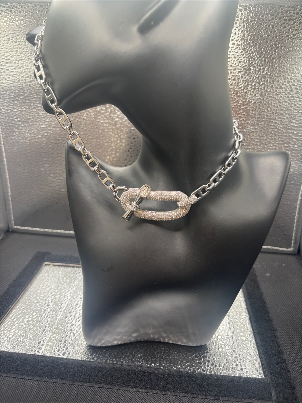 Rhinestone Pave Toggle Chain Necklace in Silver